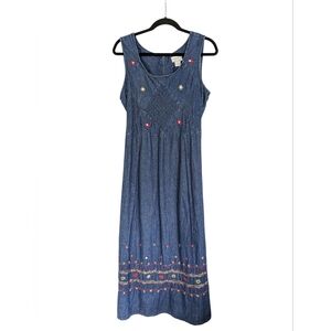 Vintage 90s Womens Embroidered Denim Jumper Midi Maxi Dress‎ Size 14 W Petite
